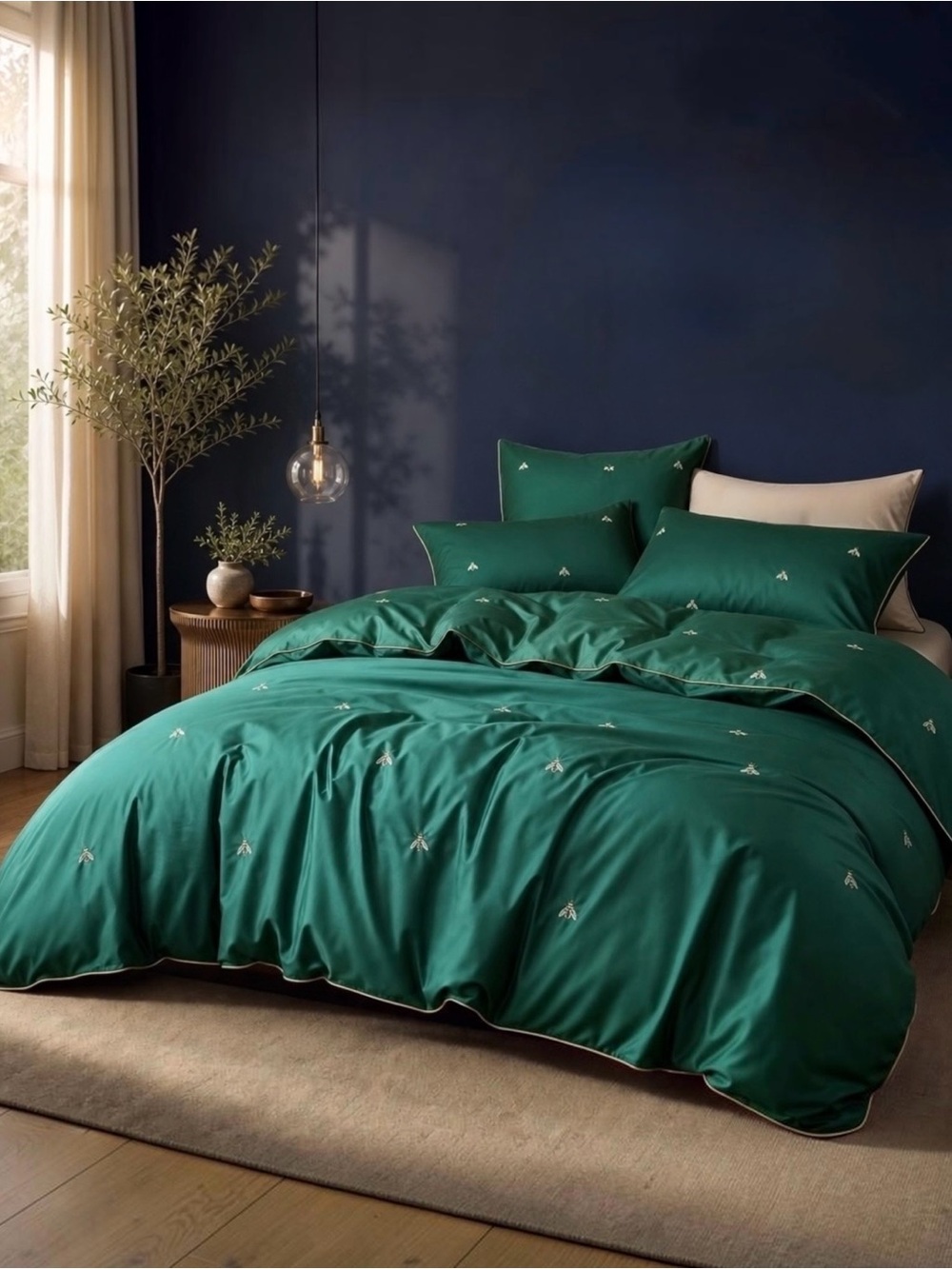 NEW Anthro Emerald Green Bee Boho Queen / King Size Bedding Duvet Sham Case Set
